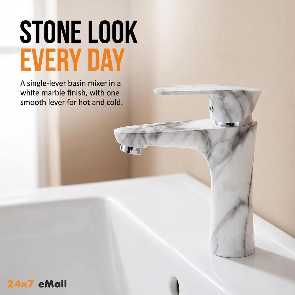 PVC Basin Tap Faucet Mixer White Marble Design for Bathroom Toilet Wash Basins Hot and Cold Water Tap Short Body - 7 Inches