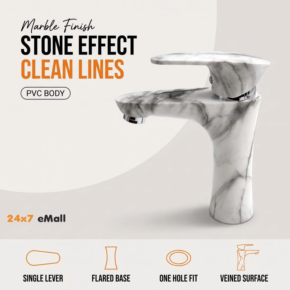 PVC Basin Tap Faucet Mixer White Marble Design for Bathroom Toilet Wash Basins Hot and Cold Water Tap Short Body - 7 Inches