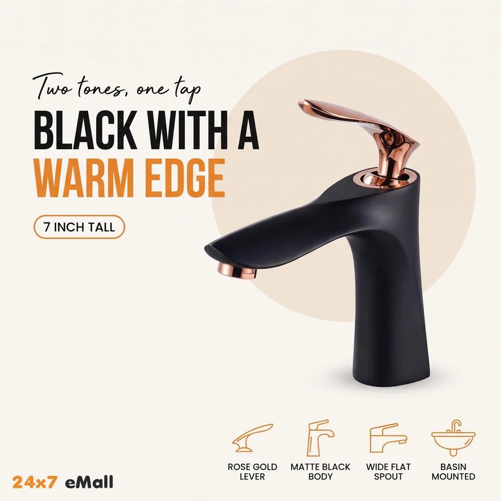 Black Rose Gold Faucet Tap Mixer Hot and Cold Water Heavy Single Lever Basin Mixer 7 inches with Connector Pipes and Ceramic Cartridge for Bathroom Wash Basins