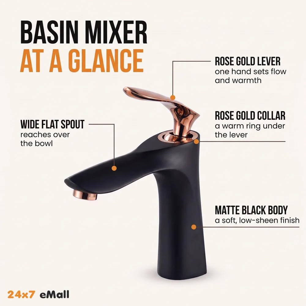 Black Rose Gold Faucet Tap Mixer Hot and Cold Water Heavy Single Lever Basin Mixer 7 inches with Connector Pipes and Ceramic Cartridge for Bathroom Wash Basins