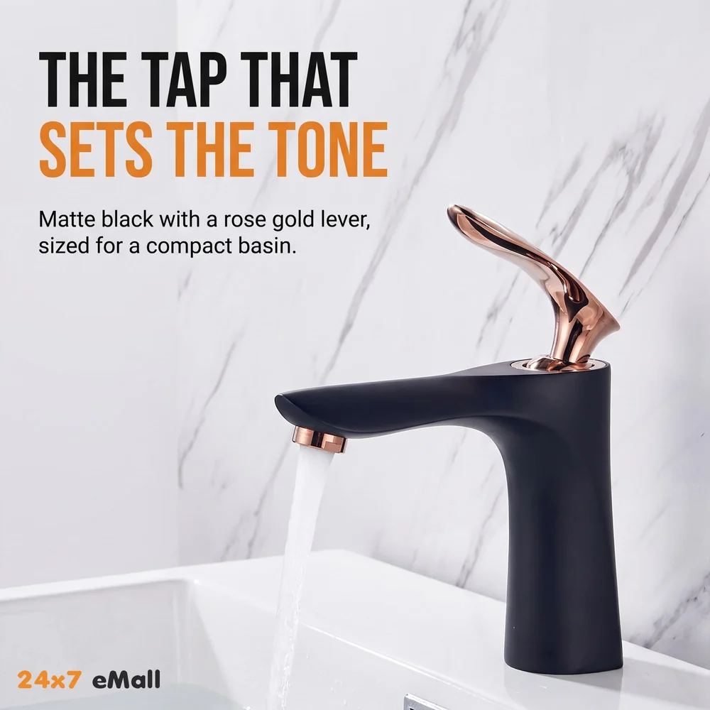 Black Rose Gold Faucet Tap Mixer Hot and Cold Water Heavy Single Lever Basin Mixer 7 inches with Connector Pipes and Ceramic Cartridge for Bathroom Wash Basins