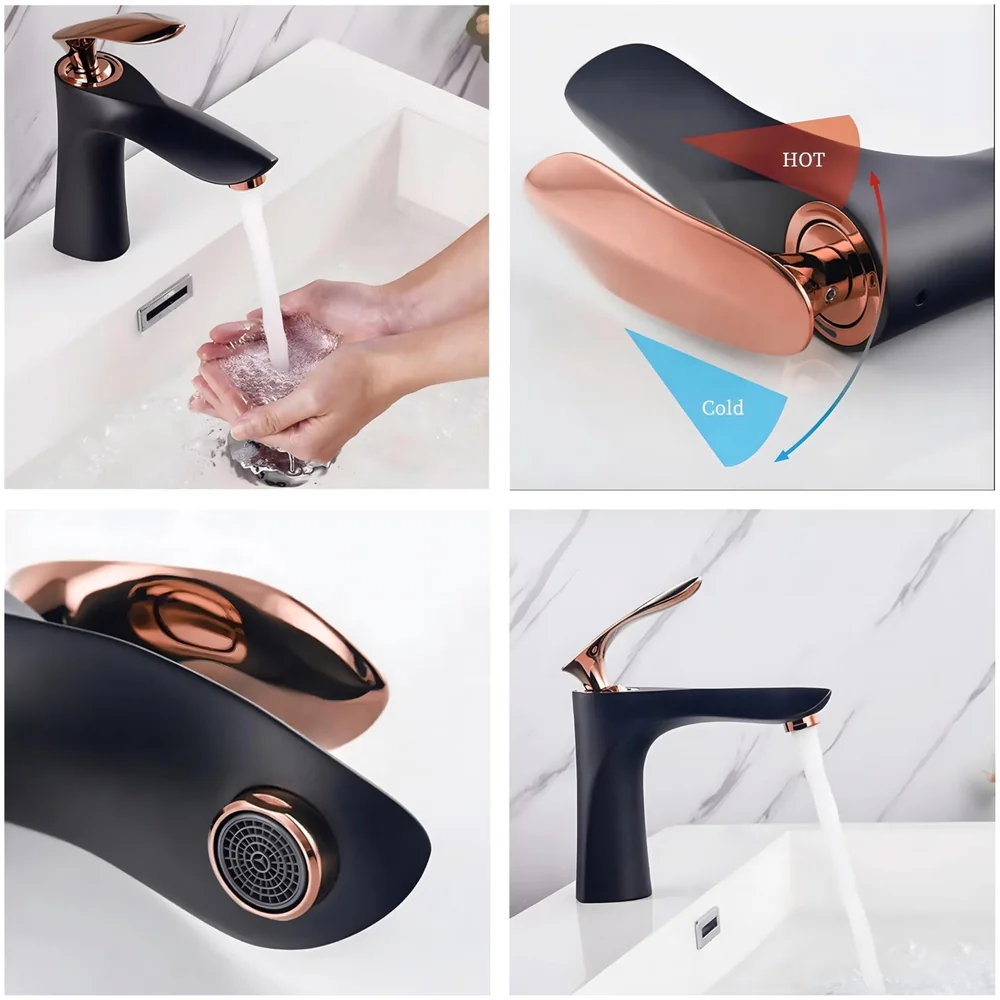 Black Rose Gold Faucet Tap Mixer Hot and Cold Water Heavy Single Lever Basin Mixer 7 inches with Connector Pipes and Ceramic Cartridge for Bathroom Wash Basins