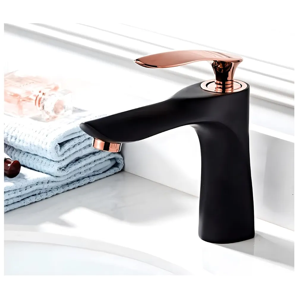 Black Rose Gold Basin Mixer Tap 7 inch Hot and Cold with 2 Pipes