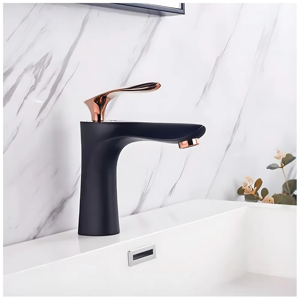 Black Rose Gold Basin Mixer Tap 7 inch Hot and Cold with 2 Pipes