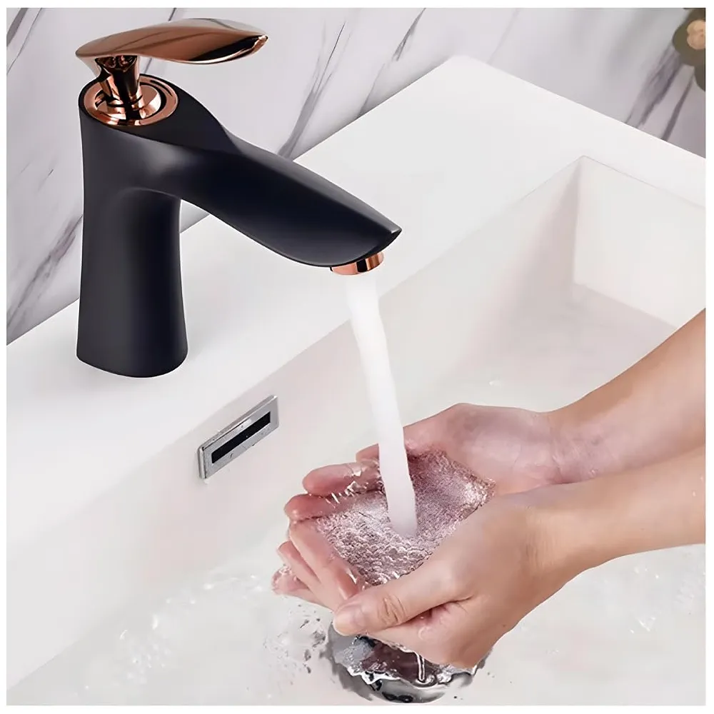 Black Rose Gold Basin Mixer Tap 7 inch Hot and Cold with 2 Pipes