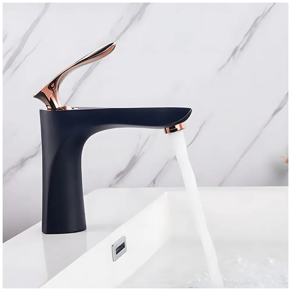Black Rose Gold Basin Mixer Tap 7 inch Hot and Cold with 2 Pipes