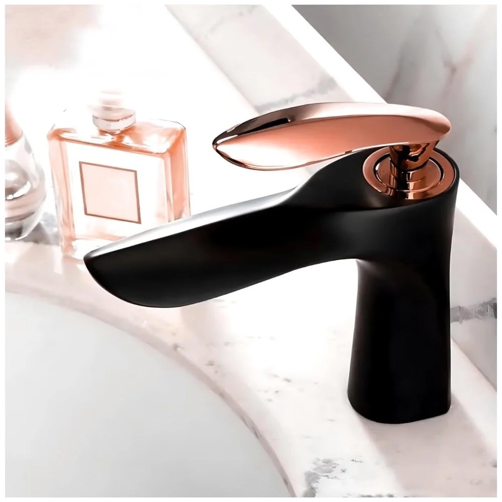 Black Rose Gold Faucet Tap Mixer Hot and Cold Water Heavy Single Lever Basin Mixer 7 inches with Connector Pipes and Ceramic Cartridge for Bathroom Wash Basins