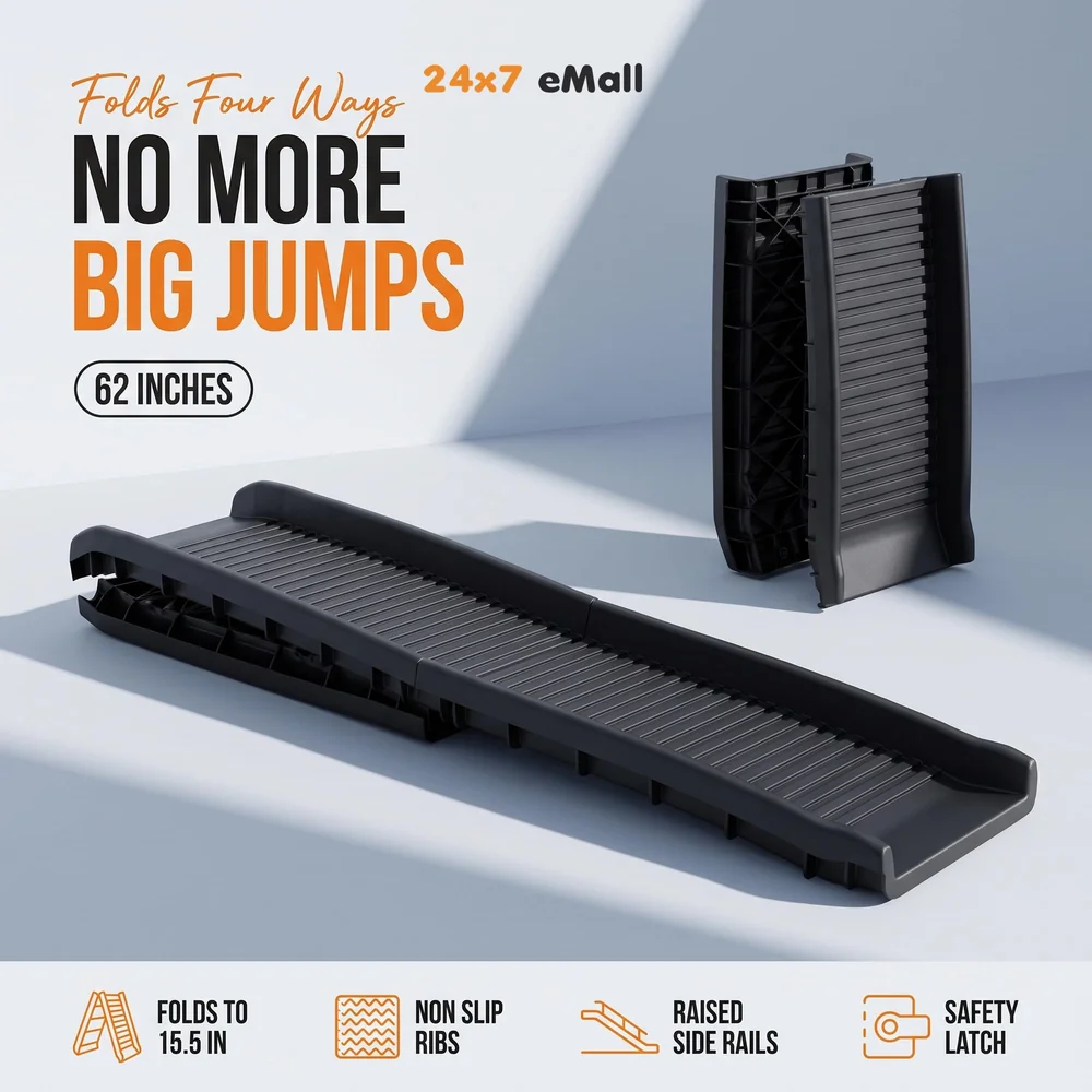 Folding Dog Ramp for Cars 62 x 15.5 x 3.5 Inches Black, 4 Times Folding (15.5 x 10 Inch) for Storage, Pet Car Ramp Stairs