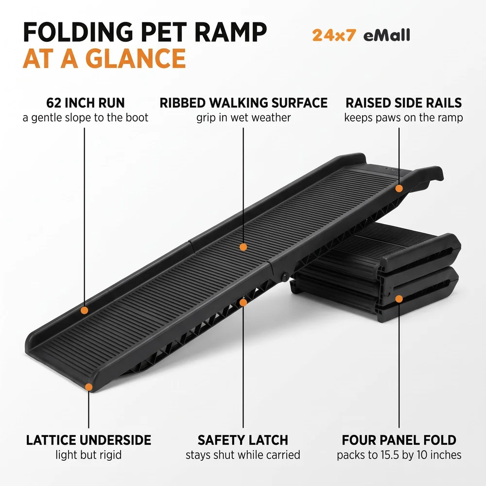Folding Dog Ramp for Cars 62 x 15.5 x 3.5 Inches Black, 4 Times Folding (15.5 x 10 Inch) for Storage, Pet Car Ramp Stairs