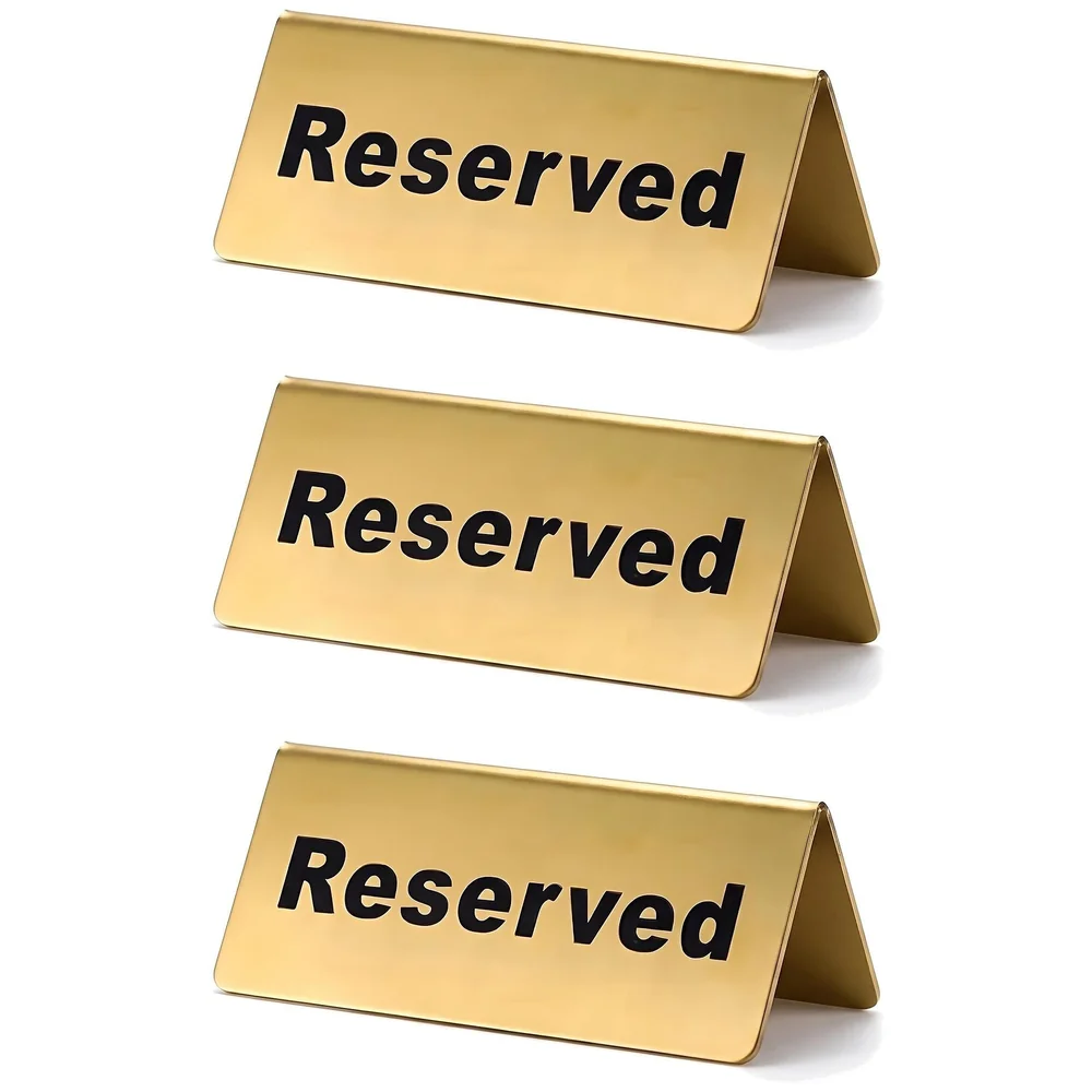 Pack of 3 Reserved Table Sign Gold Metal 12 x 5.3 cm Restaurants