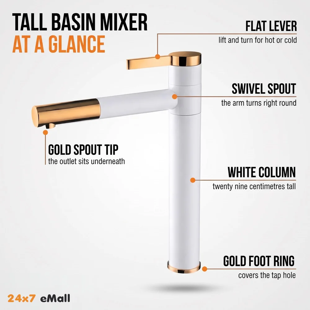 White Gold Basin Tap Basin Mixer Faucet Tap Hot and Cold, White Waterfall for Bathroom Wash Basin Sink Toilets 12 Inch Height