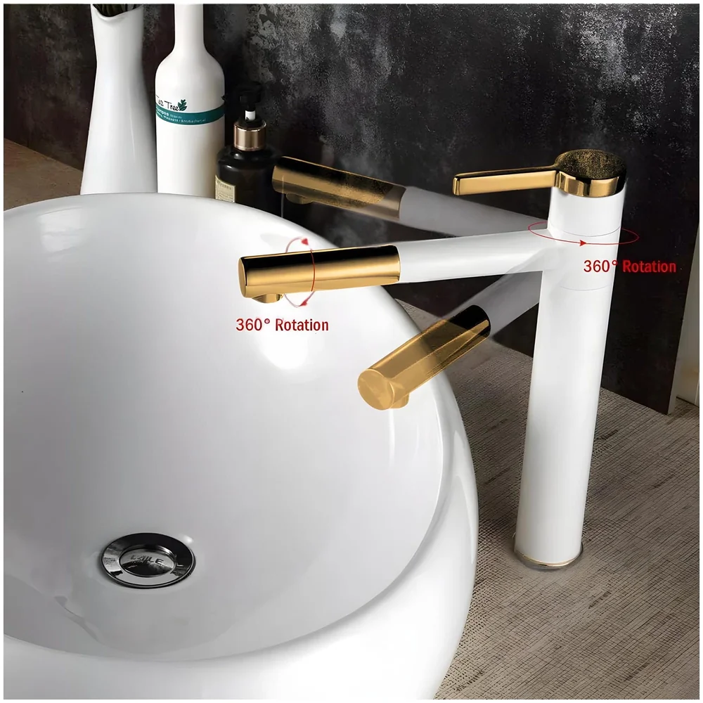 White Gold Basin Tap Basin Mixer Faucet Tap Hot and Cold, White Waterfall for Bathroom Wash Basin Sink Toilets 12 Inch Height