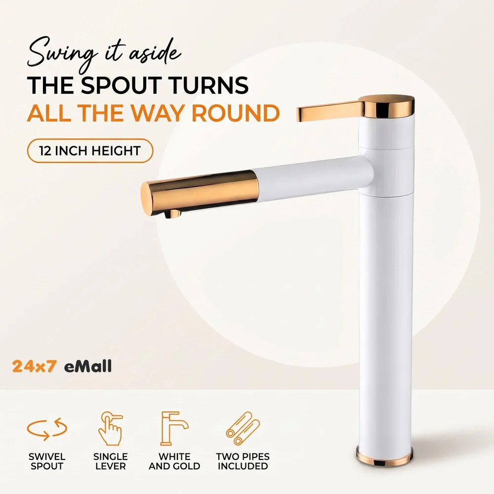 White Gold Basin Tap Basin Mixer Faucet Tap Hot and Cold, White Waterfall for Bathroom Wash Basin Sink Toilets 12 Inch Height