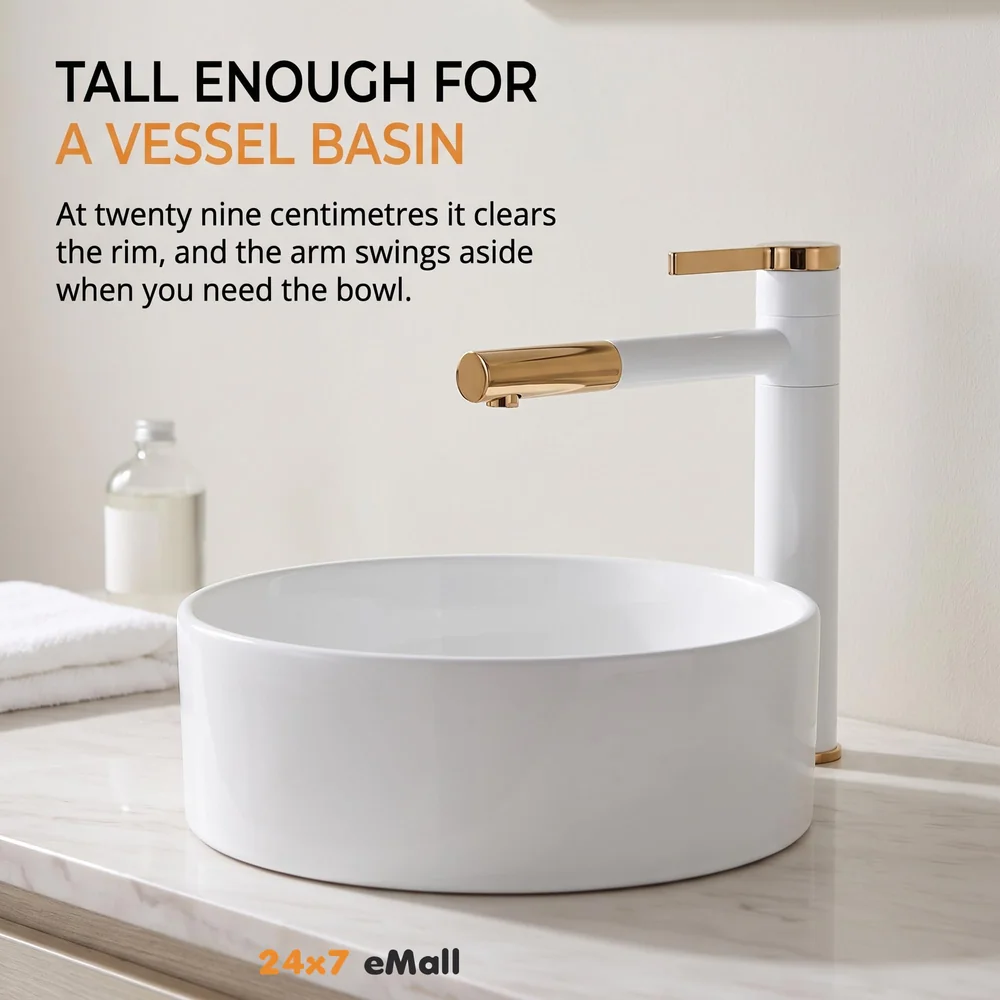 White Gold Basin Tap Basin Mixer Faucet Tap Hot and Cold, White Waterfall for Bathroom Wash Basin Sink Toilets 12 Inch Height