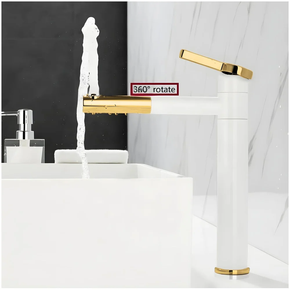 White Gold Basin Tap Basin Mixer Faucet Tap Hot and Cold, White Waterfall for Bathroom Wash Basin Sink Toilets 12 Inch Height