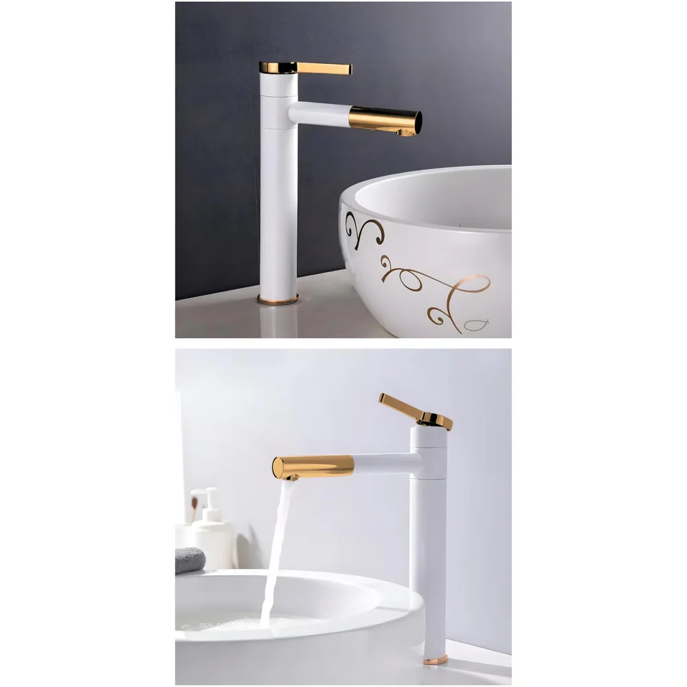White Gold Basin Tap Basin Mixer Faucet Tap Hot and Cold, White Waterfall for Bathroom Wash Basin Sink Toilets 12 Inch Height