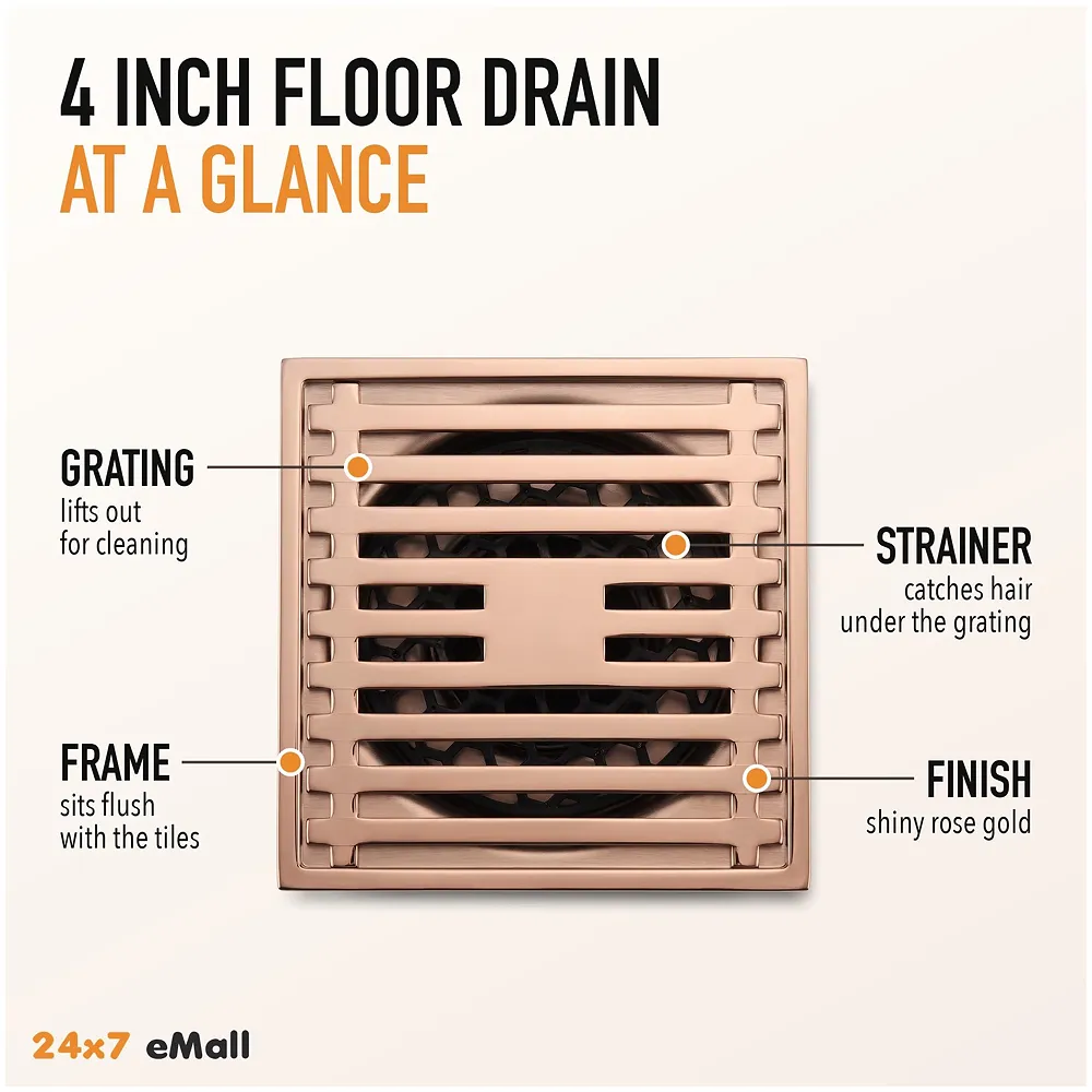 Rose Gold Bathroom Floor Drain Jali Anti Cockroach 4 Inch Square