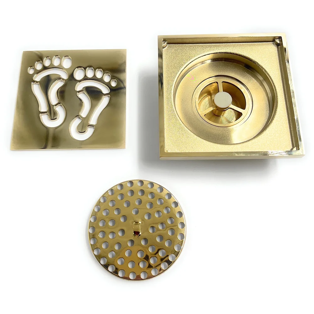 Golden Floor Drain 4 x 4 Inch Foot Design Gold Shower Channel