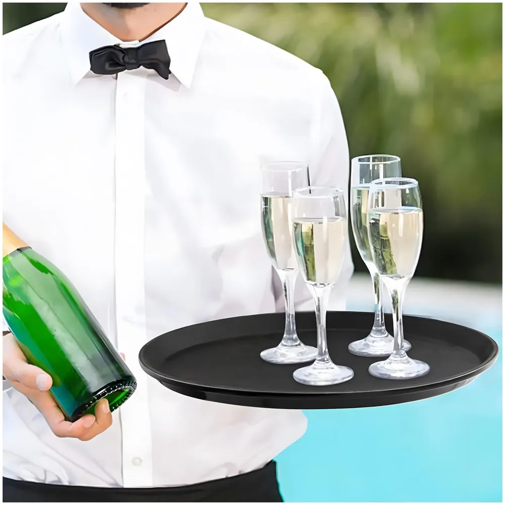 Server Tray Waiter Salver 14 Inch Round Serving Tray Restaurant Serving Tray Non-Slip Bar Tray Coffee Black, with Non-Skid Rubber Lined for Cafe Restaurants, Bars, and Banquet Halls Hotels