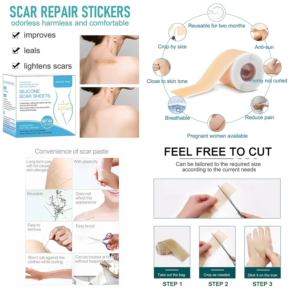 Silicon Scar Sheet 4 x 150 Cm for Healing Scars Transparent tear silicone tape roll for hypertrophic scars and keloids caused by surgery, medical silicone for scar removal