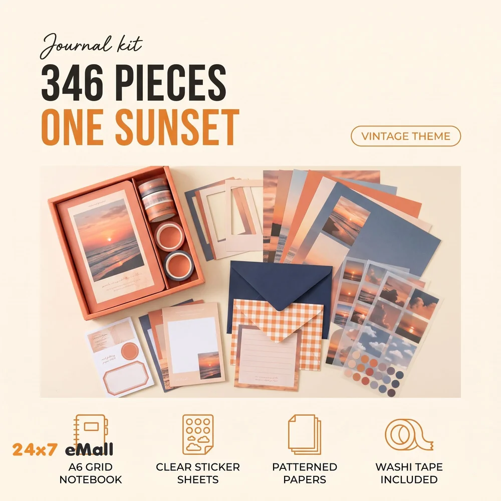 346Pcs Journal Supplies Kit Vintage Scrapbook Stickers Art Journaling Kit. Journal Schedulers Diy Paper Stickers For Decoration Notebook Collage Album Aesthetic Tape (Sunset), Multicolor