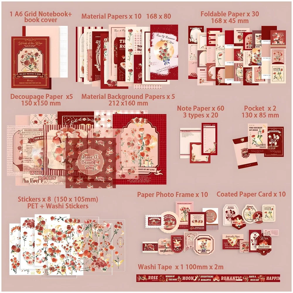 346pcs Journal Supplies Kit Vintage Scrapbook Stickers Art journaling kit. Journal Schedulers DIY Paper Stickers for Decoration Notebook Collage Album Aesthetic Tape (Rose)
