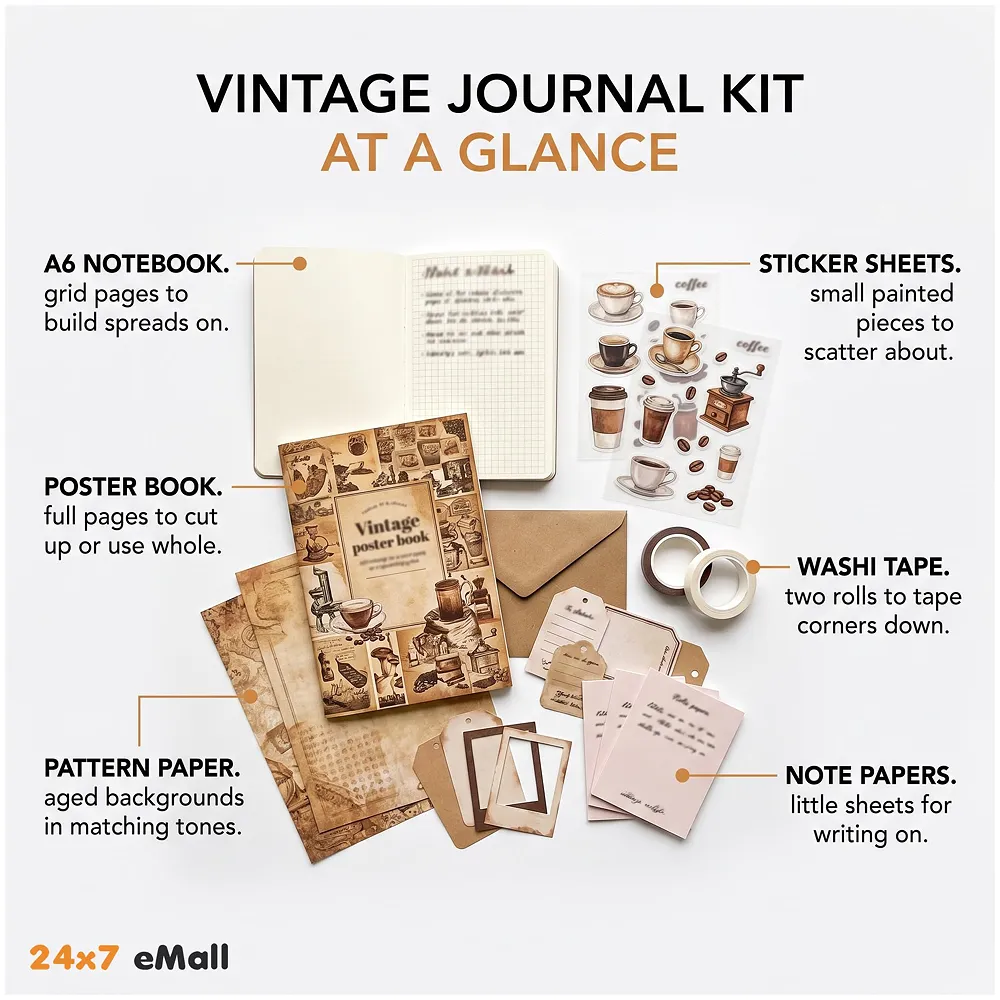 346 Pcs Journal Kit Vintage Scrapbook Stickers Coffee DIY Set