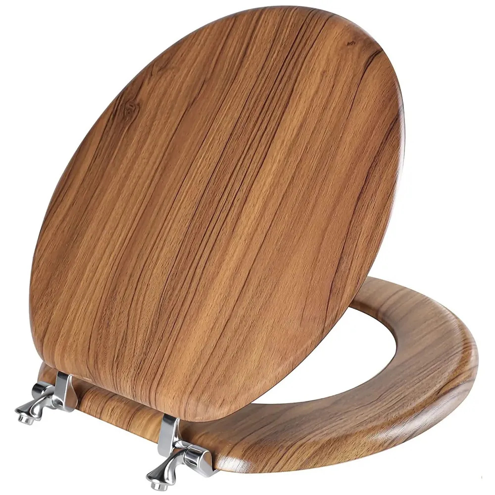 MDF Wooden Finish Regular Round Commode Toilet Seat Cover, Comfortable, Metal Hinges, Wooden SeatCover Natural oak