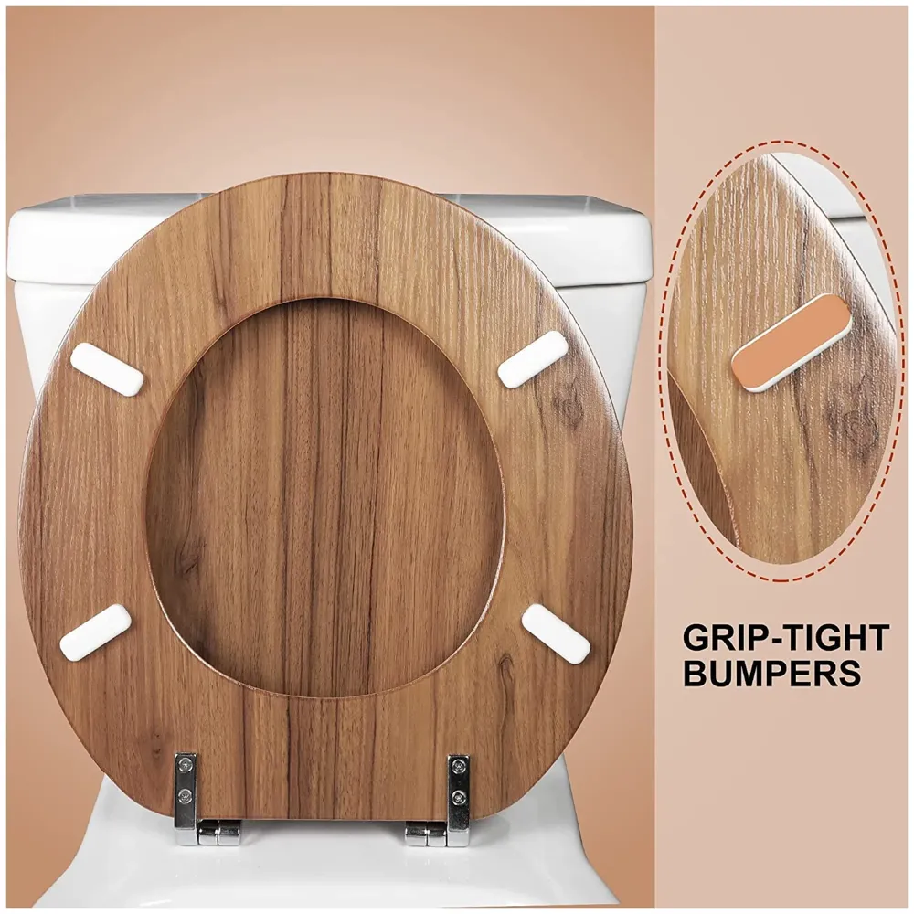 MDF Wooden Finish Regular Round Commode Toilet Seat Cover, Comfortable, Metal Hinges, Wooden SeatCover Natural oak