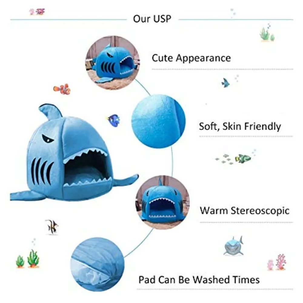Shark Pet House with Removable Bed Cushion Mat for Dogs and Cats (Large 50 x 50 x 48 Cm)