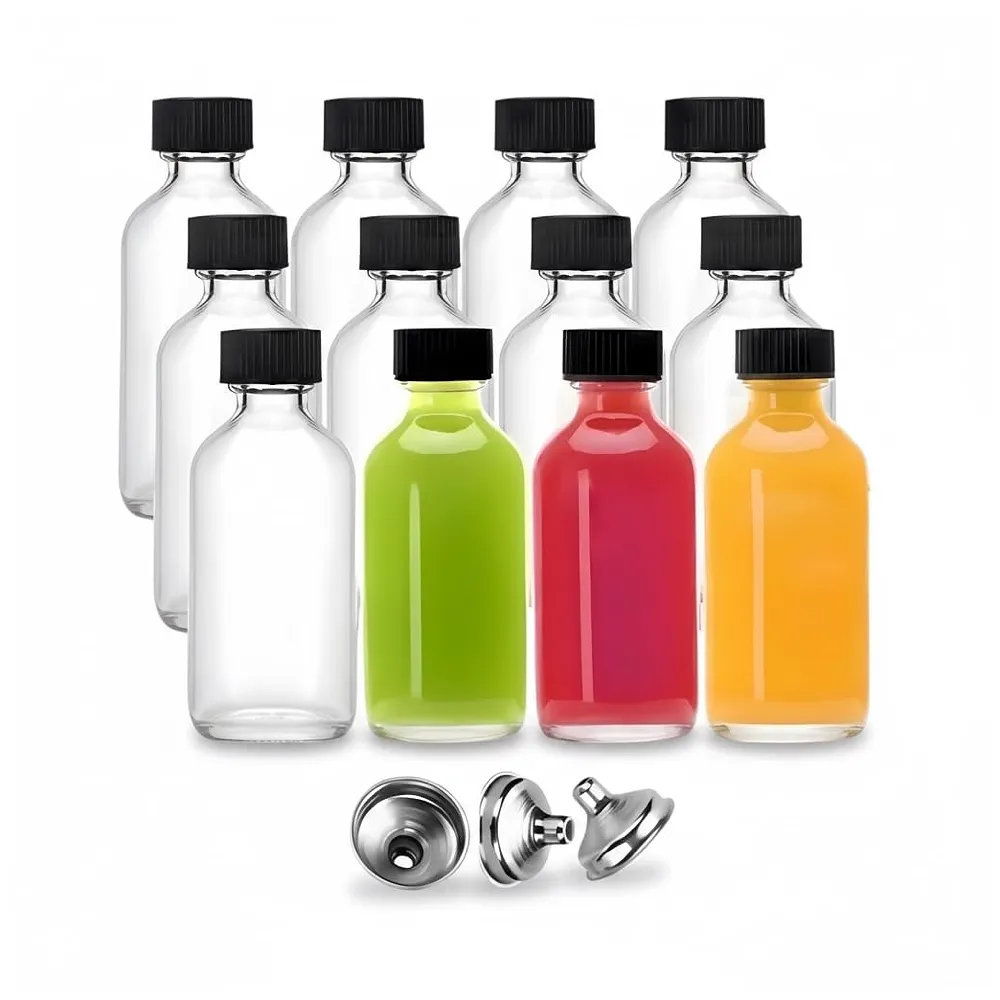 12 pcs Clear Glass Shot Bottles 60ml | Set of 12 | Airtight Conical Leak-Proof Lid | Dishwasher Freezer Microwave Safe | Juice Health Shots - 3.7 Inches