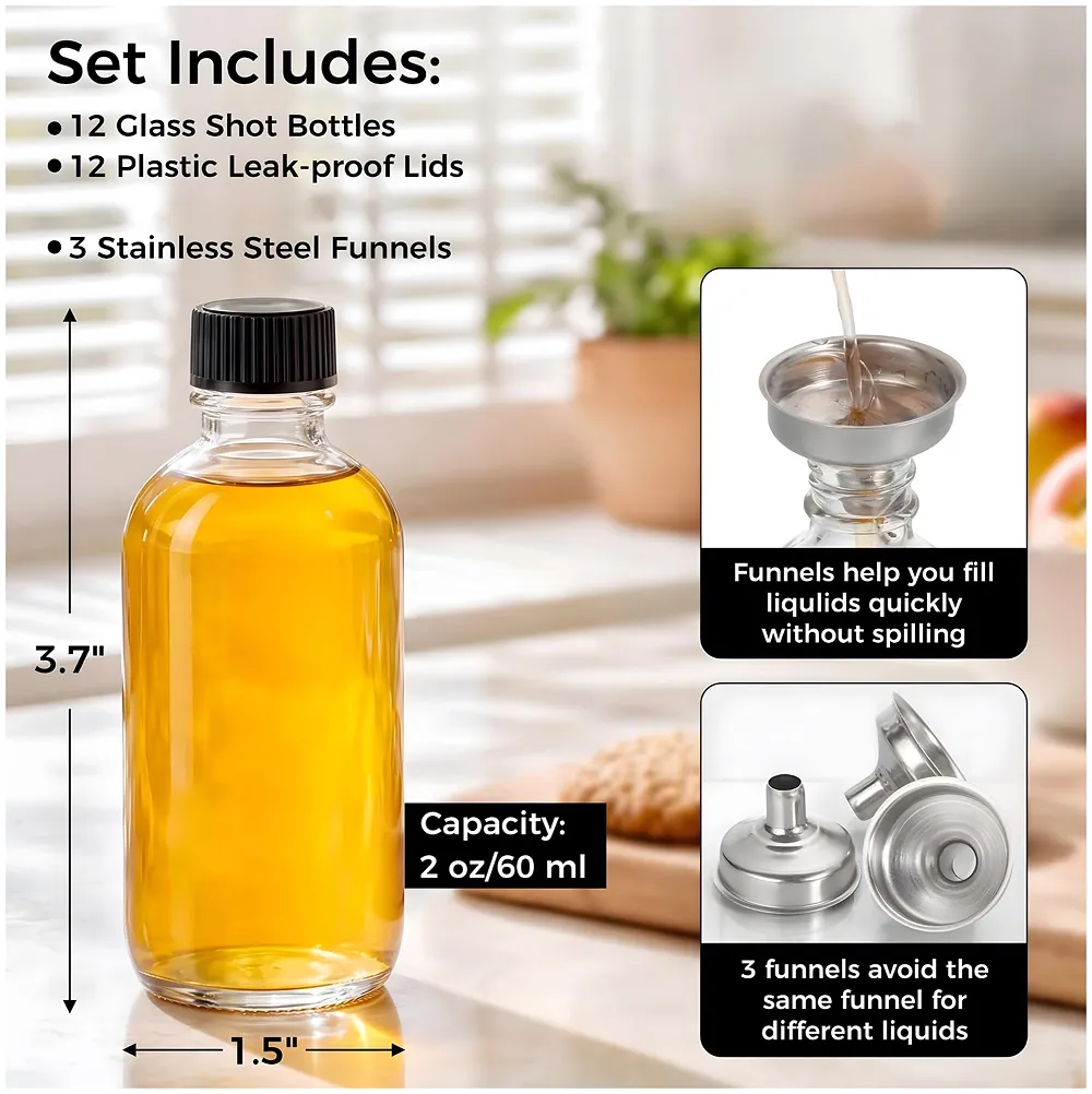 12 pcs Clear Glass Shot Bottles 60ml | Set of 12 | Airtight Conical Leak-Proof Lid | Dishwasher Freezer Microwave Safe | Juice Health Shots - 3.7 Inches