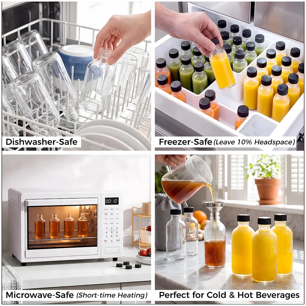12 pcs Clear Glass Shot Bottles 60ml | Set of 12 | Airtight Conical Leak-Proof Lid | Dishwasher Freezer Microwave Safe | Juice Health Shots - 3.7 Inches Premium
