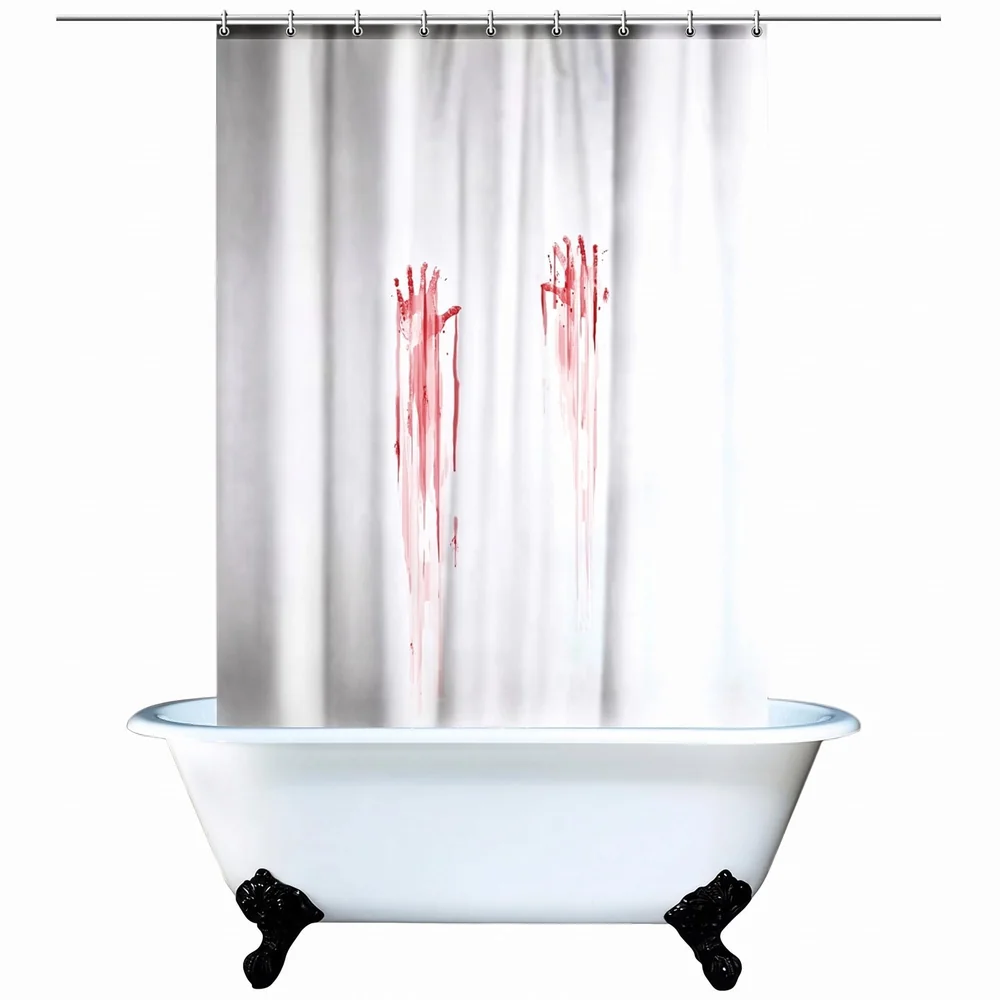 Fancy Waterproof Mildew Resistant Polyester Fabric Shower Curtain Decor with Hooks (72 X 72 Inches, White, Bloody Hand) - Set of 8 Pieces Hooks
