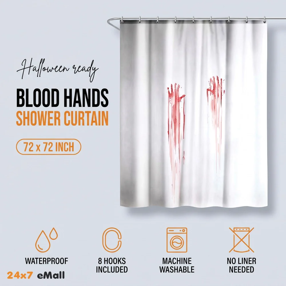 Fancy Waterproof Mildew Resistant Polyester Fabric Shower Curtain Decor with Hooks (72 X 72 Inches, White, Bloody Hand) - Set of 8 Pieces Hooks