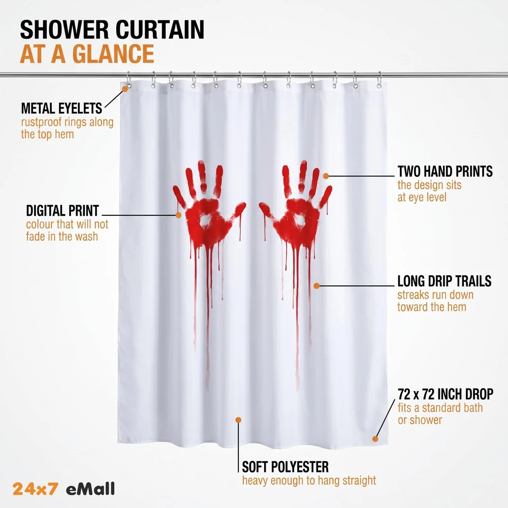 Fancy Waterproof Mildew Resistant Polyester Fabric Shower Curtain Decor with Hooks (72 X 72 Inches, White, Bloody Hand) - Set of 8 Pieces Hooks