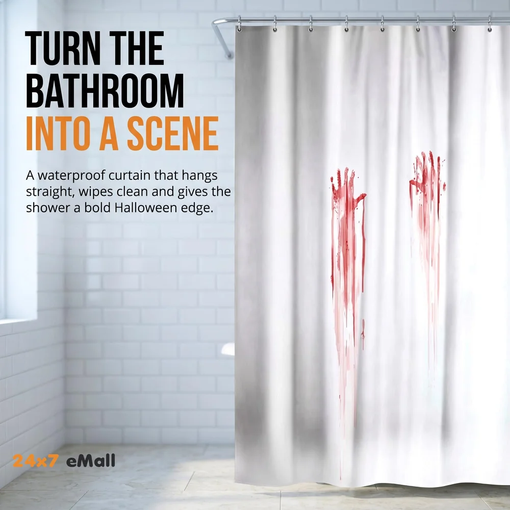 Fancy Waterproof Mildew Resistant Polyester Fabric Shower Curtain Decor with Hooks (72 X 72 Inches, White, Bloody Hand) - Set of 8 Pieces Hooks