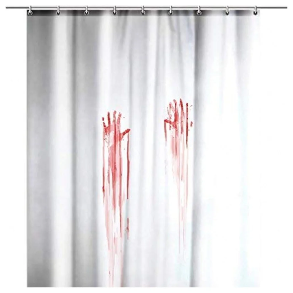 Fancy Waterproof Mildew Resistant Polyester Fabric Shower Curtain Decor with Hooks (72 X 72 Inches, White, Bloody Hand) - Set of 8 Pieces Hooks