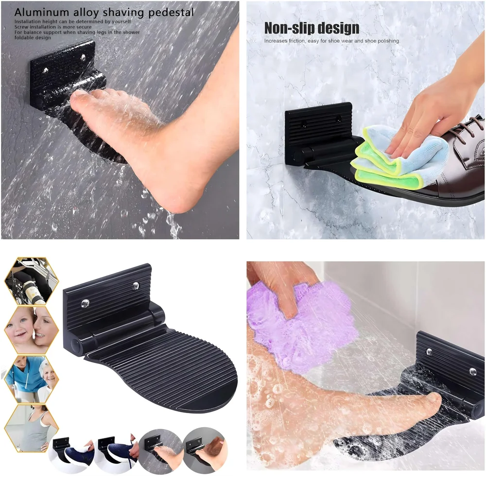 Shower Foot Rest, Shaving Pedestal Foldable Design Aluminium Alloy Screw Installation Shower Leg Shaving Shelf Bathroom Pedal for Shaving Legs Shower Tool