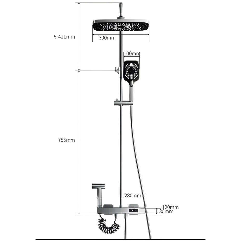Black Piano Keys Shower Set Overhead Hand Spray LCD Mixer Toilet