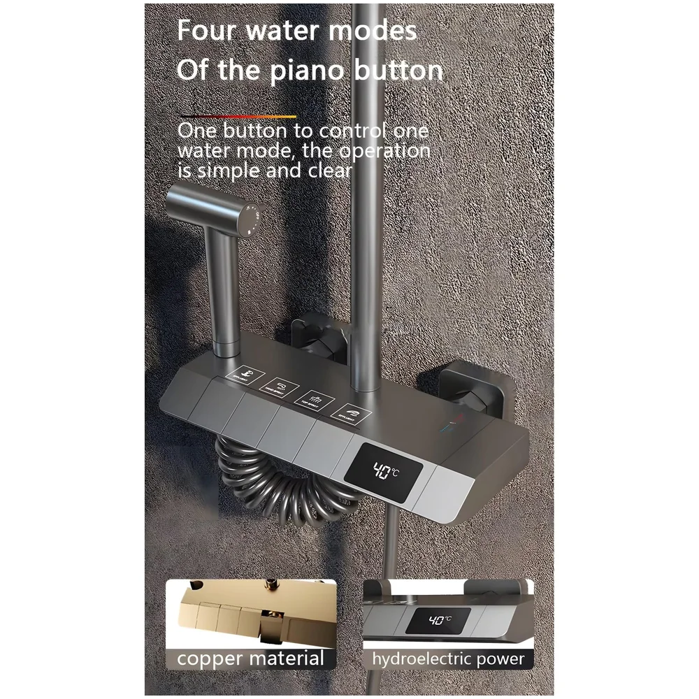 Black Piano Keys Shower Set Overhead Hand Spray LCD Mixer Toilet