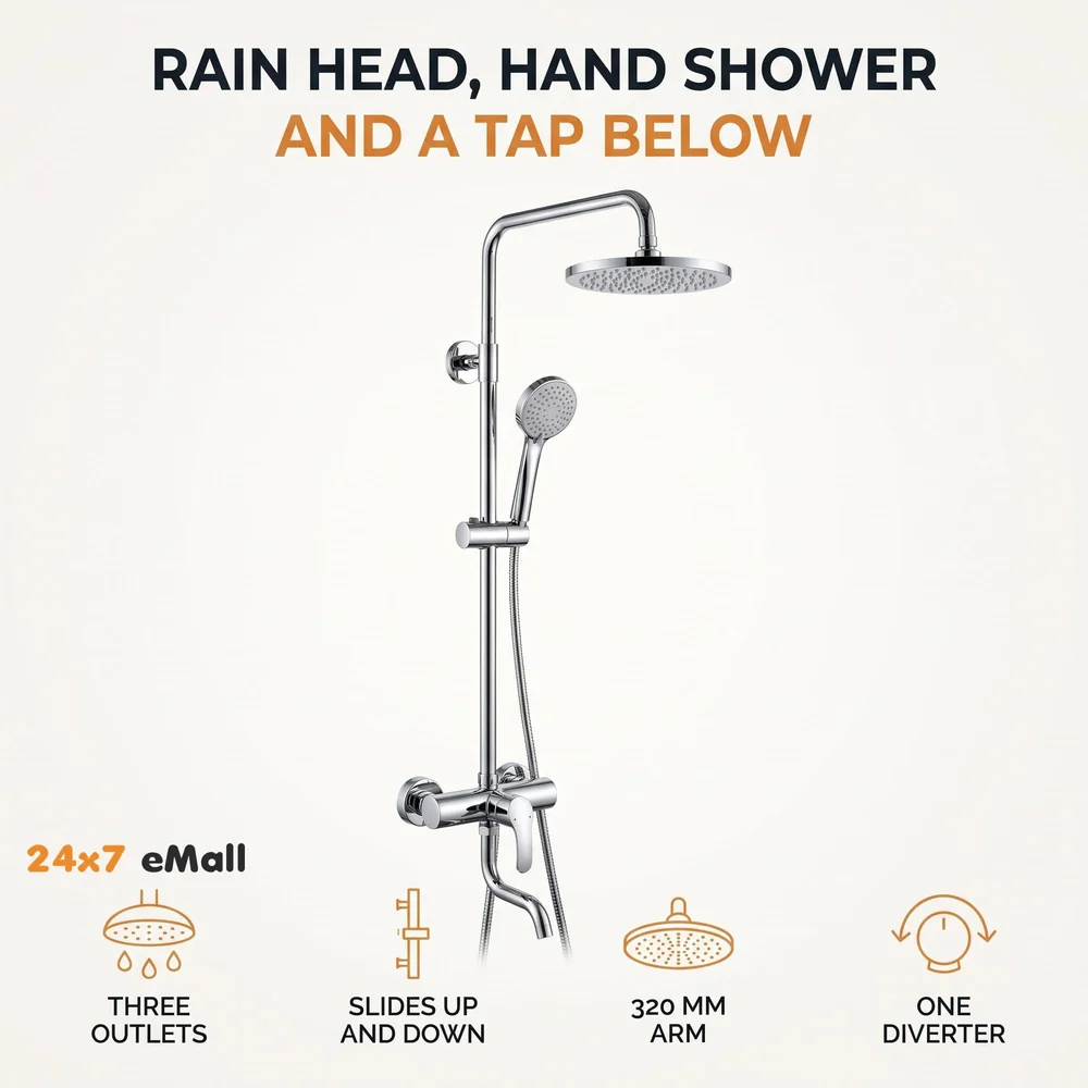 Brass Shower System, 3 in 1 Wall Mixer with 3 Control Setting. Adjustable Height Shower and Hand Shower (Chrome 2)