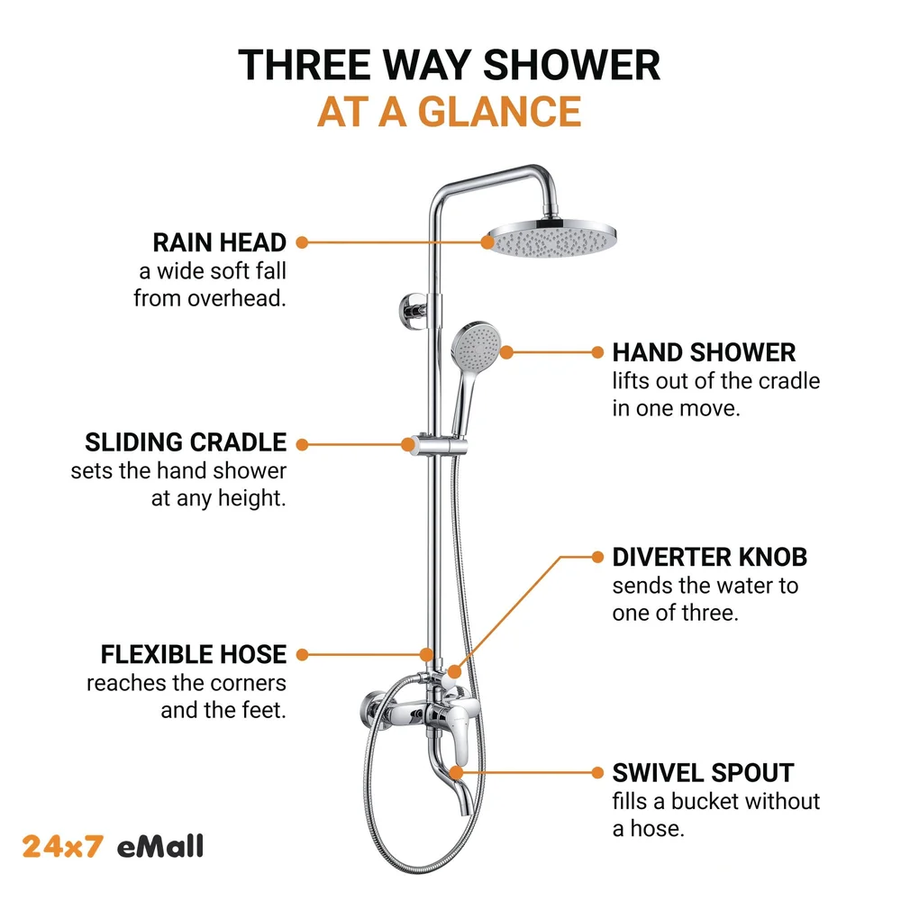 Brass Shower System, 3 in 1 Wall Mixer with 3 Control Setting. Adjustable Height Shower and Hand Shower (Chrome 2)