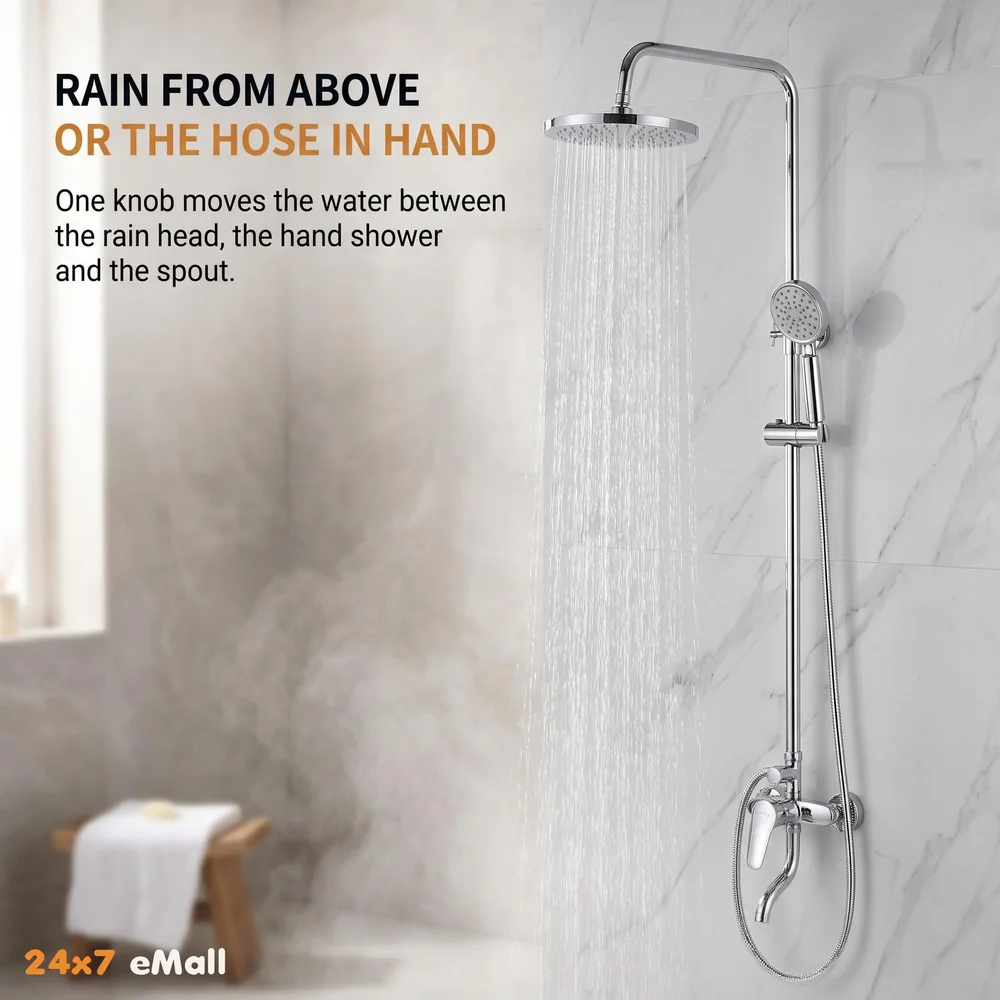 Brass Shower System, 3 in 1 Wall Mixer with 3 Control Setting. Adjustable Height Shower and Hand Shower (Chrome 2)