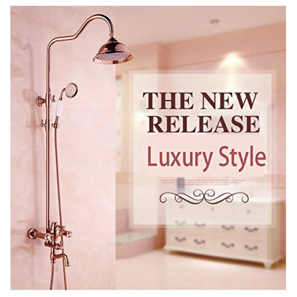 Brass Rose Gold shower system, 3 in 1 wall mixer with adjustable height shower and hand shower, 3 control setting.