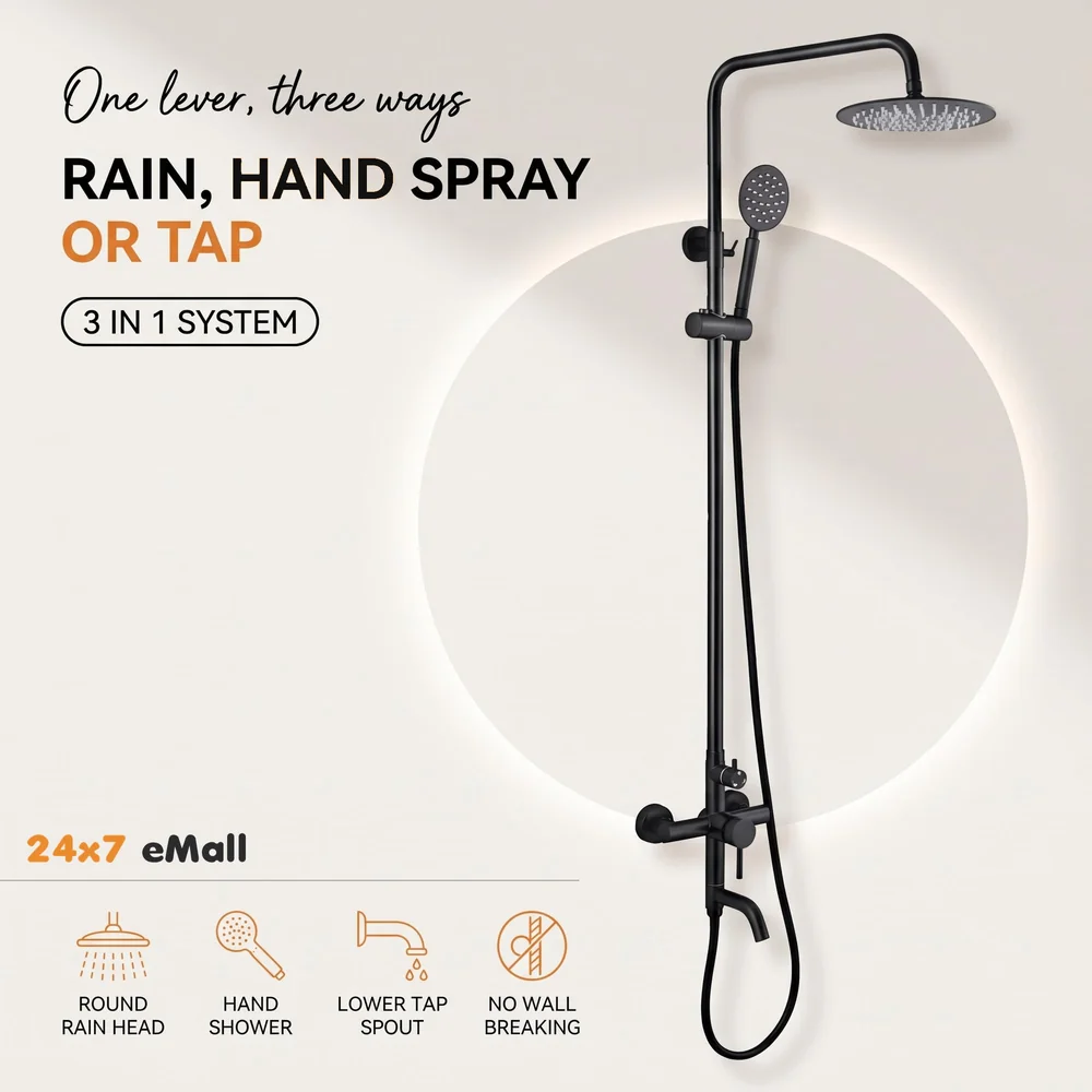 3 in 1 Black Shower System With Hot And Cold Mixer Shower and Handshower, Adjustable Height, 3 Control Setting, Noir Collection