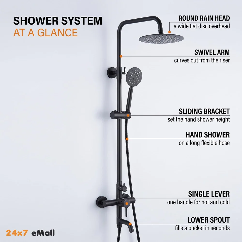 3 in 1 Black Shower System With Hot And Cold Mixer Shower and Handshower, Adjustable Height, 3 Control Setting, Noir Collection