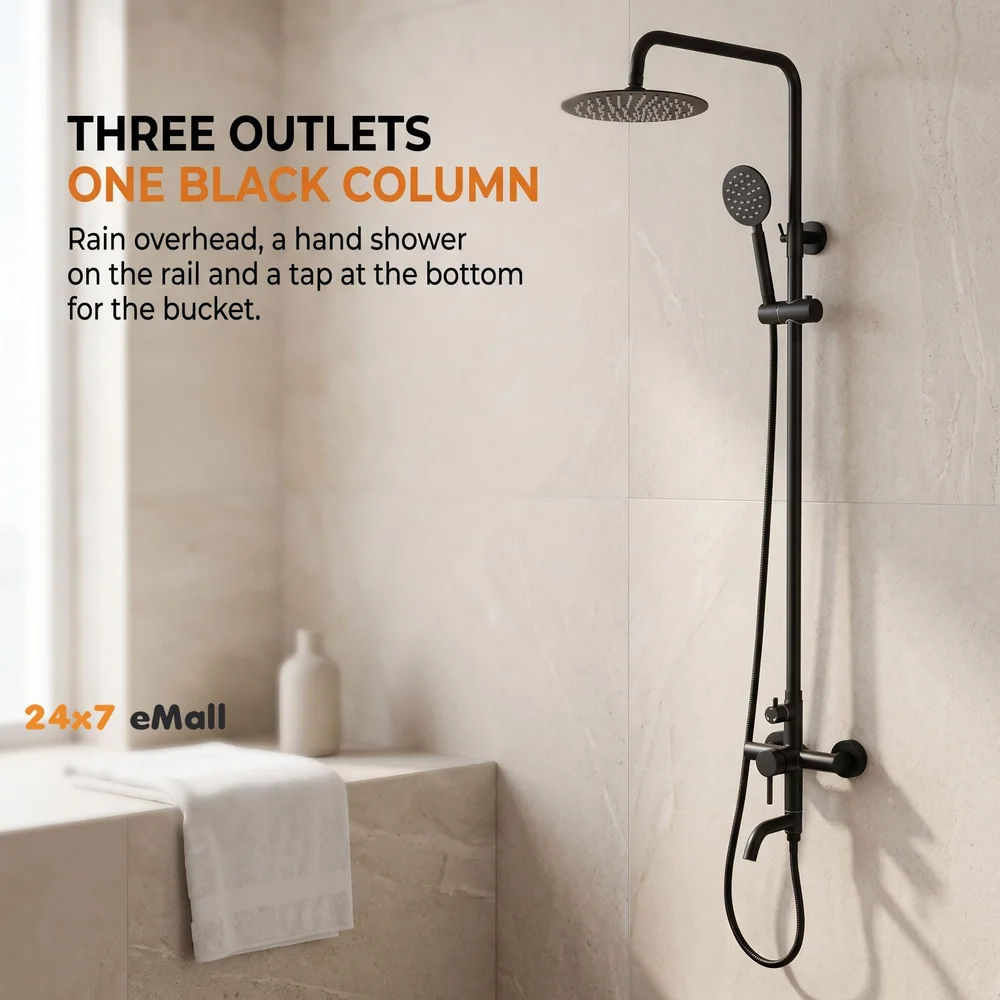 3 in 1 Black Shower System With Hot And Cold Mixer Shower and Handshower, Adjustable Height, 3 Control Setting, Noir Collection