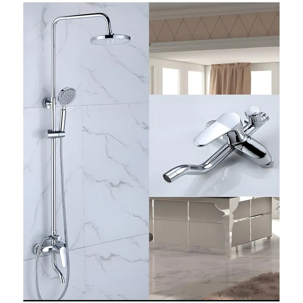 Brass Shower System, 3 in 1 Wall Mixer with 3 Control Setting. Adjustable Height Shower and Hand Shower, Complete Bath Set, Silver Chrome