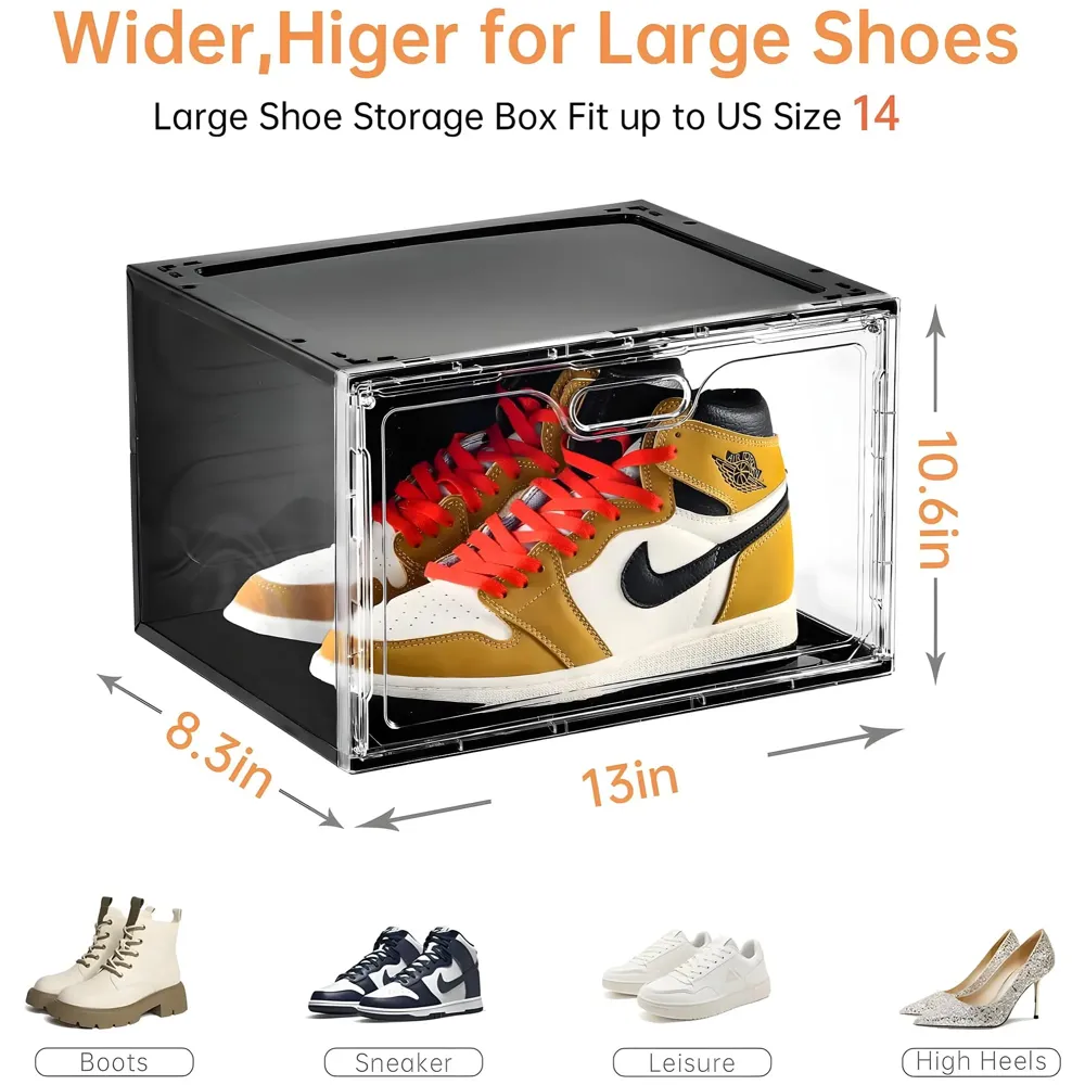 Sneaker Box Transparent From 4 Sides Shoe Boxes Stackable, Large Shoe Storage Organizer 13 X 10 Inch Sneaker Display 1 Piece